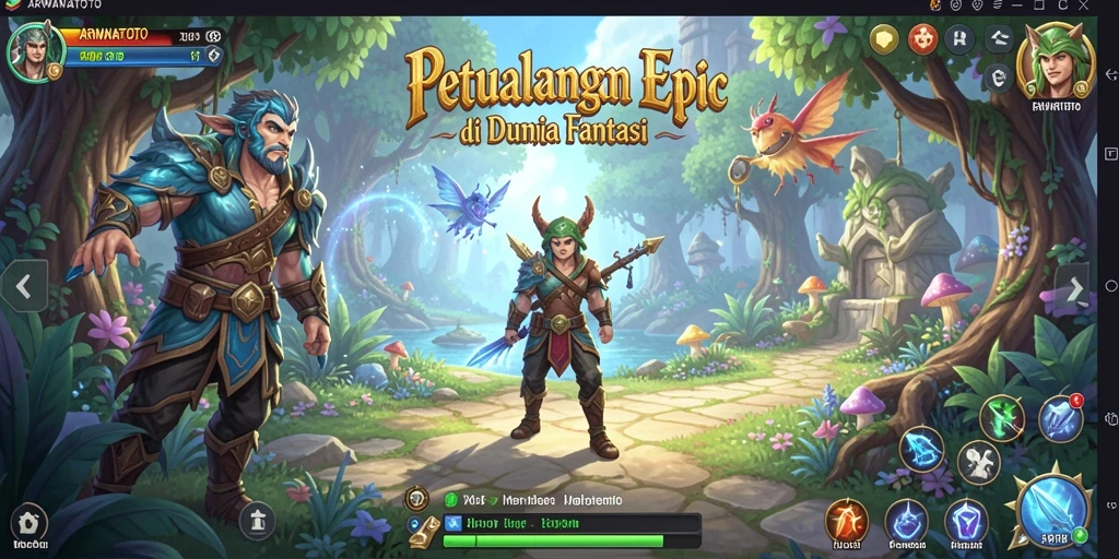 Tangkapan layar menunjukkan karakter yang sedang bertarung di dunia fantasi ARWANATOTO.