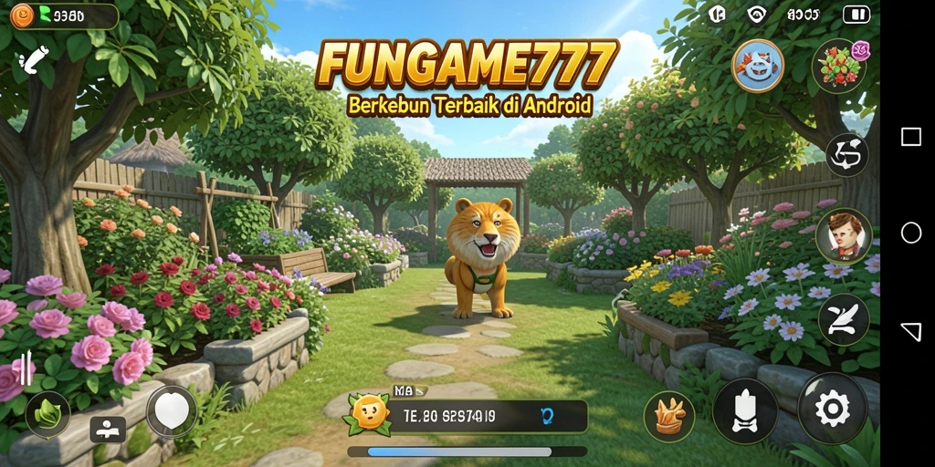 Tangkapan layar FUNGAME777 menampilkan kebun yang subur dan hewan ternak yang aktif.