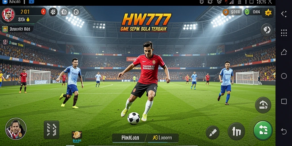 Tampilan gameplay seru dengan para pemain sepak bola di lapangan.