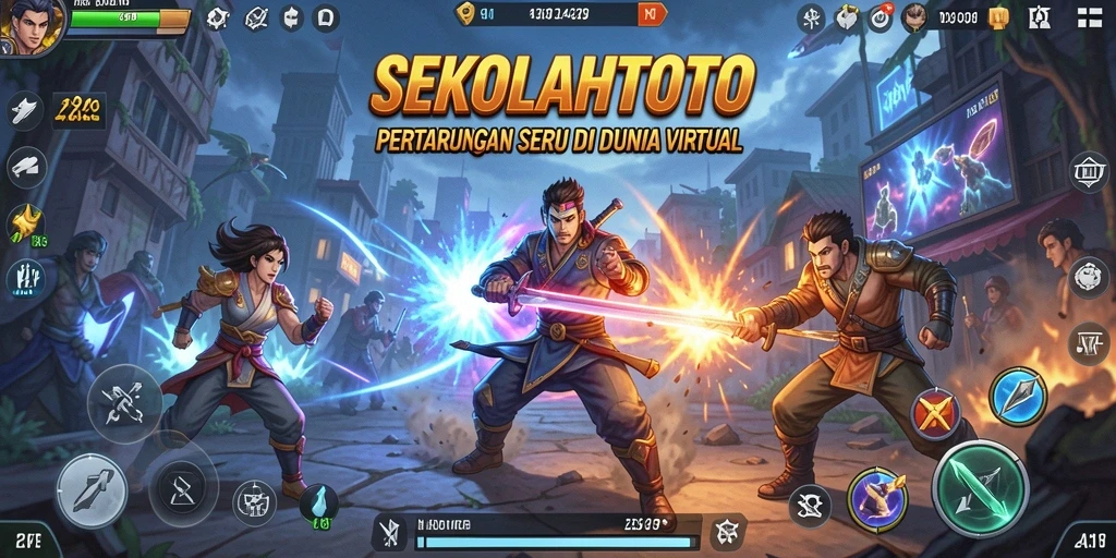 Screenshot utama SEKOLAHTOTO menampilkan pertarungan seru antar karakter.
